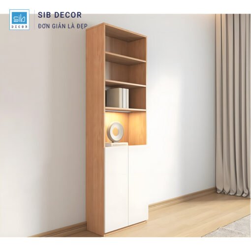 Kệ sách đơn màu gỗ tự nhiên, có ngăn tủ dưới và đợt trên điều chỉnh linh hoạt