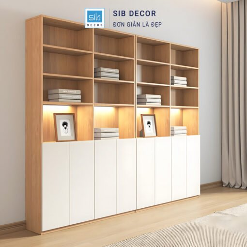 Tủ sách hiện đại màu gỗ sáng phối trắng, thiết kế nhiều ngăn tiện lợi để sách và đồ trang trí