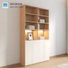 Tủ sách đôi thiết kế tinh tế, phần dưới là cánh tủ kín giúp giấu đồ gọn gàng