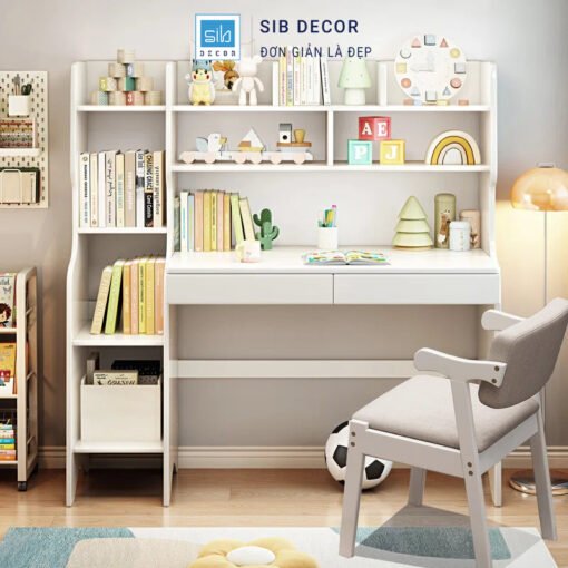 Bàn học trẻ em tông trắng tinh tế, sắp xếp đồ dùng học tập và trang trí sinh động