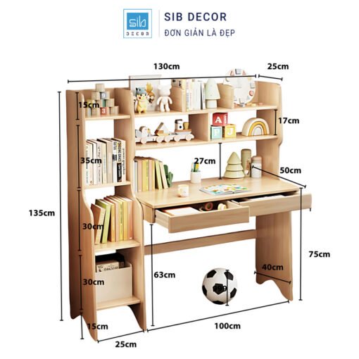 Bàn học trẻ em có kệ sách tích hợp hai bên tiện lợi, thiết kế dễ thương phù hợp phòng bé