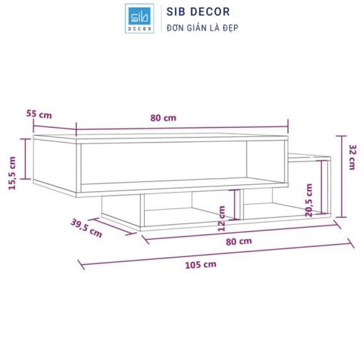 Bàn trà đa năng màu vân gỗ sáng kích thước 105x55x32cm, thiết kế nhiều ngăn tiện lợi