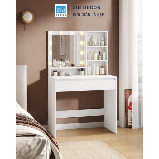 Bàn trang điểm LED thiết kế hiện đại, bố trí trong phòng ngủ với ánh sáng tự nhiên