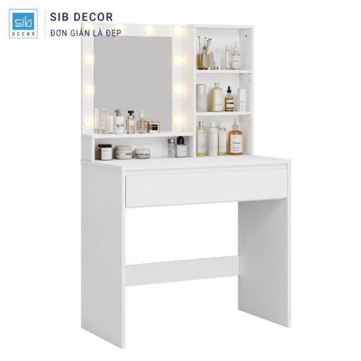 Bàn trang điểm LED màu trắng tích hợp kệ bên hông, gương sáng, đèn tròn ánh sáng đều
