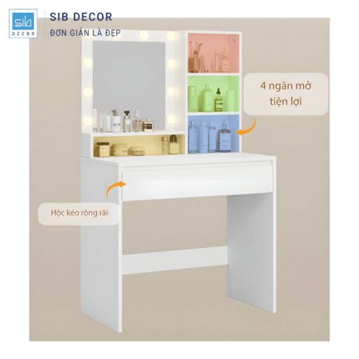 Bàn trang điểm LED với 4 ngăn mở tiện lợi và hộc kéo rộng rãi đựng mỹ phẩm gọn gàng