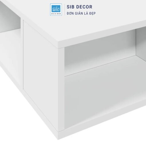 Góc chi tiết giường gỗ công nghiệp màu trắng, cạnh vuông sắc nét và chắc chắn