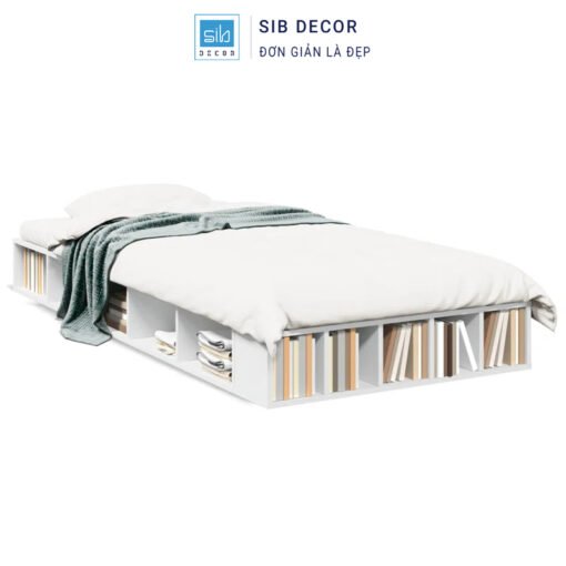 Giường gỗ công nghiệp thiết kế tích hợp kệ sách hai bên, tiện lợi và tiết kiệm không gian
