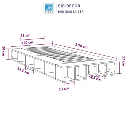 Kích thước chi tiết giường gỗ công nghiệp GN2556