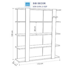 Kệ sách đứng 4 tầng thiết kế hiện đại với kích thước chi tiết rõ ràng, phù hợp nhiều không gian