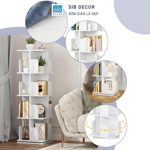 Kệ sách xoay 360 độ màu trắng tinh tế, dễ dàng phối hợp nội thất phòng khách hiện đại