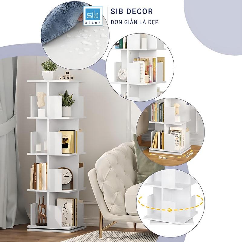 Kệ sách xoay 360 độ màu trắng tinh tế, dễ dàng phối hợp nội thất phòng khách hiện đại