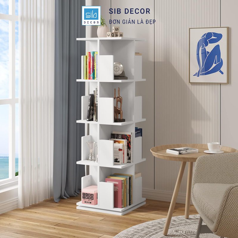 Kệ sách xoay 360 độ với thiết kế tầng linh hoạt, sử dụng trong phòng đọc hoặc thư viện mini