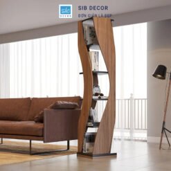 Kệ sách xoay kiểu đứng cao cấp đặt cạnh sofa, phù hợp không gian hiện đại tối giản