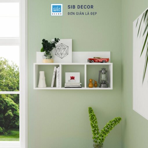Kệ treo tường 3 ngăn màu trắng hiện đại, phối hợp hài hòa với tường xanh pastel