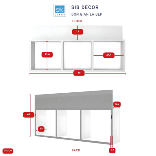 Kệ treo tường 3 ngăn kích thước 80x40cm, chia ngăn hợp lý cho lưu trữ và trang trí