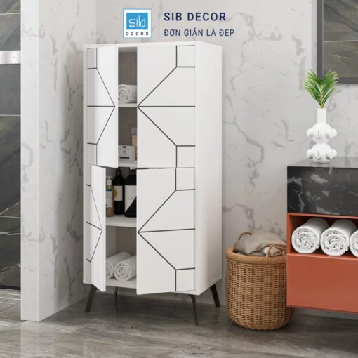 Kệ tủ pantry gỗ hiện đại thiết kế hoa văn độc đáo, phù hợp cho không gian nhà tắm