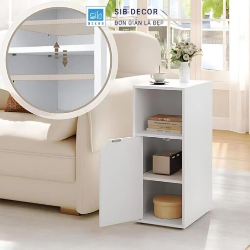 Tủ đầu giường màu trắng thiết kế nhỏ gọn, phù hợp đặt cạnh ghế sofa hay giường ngủ