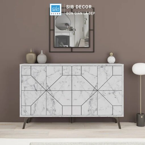 Tủ kệ hiện đại tối giản vân đá, đường nét hình học tạo cảm giác cân đối và ấn tượng