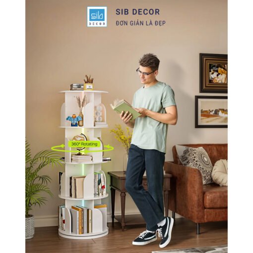 Tủ sách xoay 360 độ gam trắng, dễ dàng lấy sách và tiết kiệm diện tích
