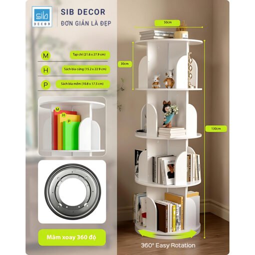 Tủ sách xoay cao 130cm chia tầng hợp lý, lưu trữ tạp chí và sách kích cỡ khác nhau