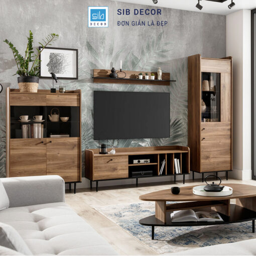 Bàn trà hiện đại kết hợp cùng tủ kệ cùng tông, mang đến tổng thể hài hòa và ấm cúng