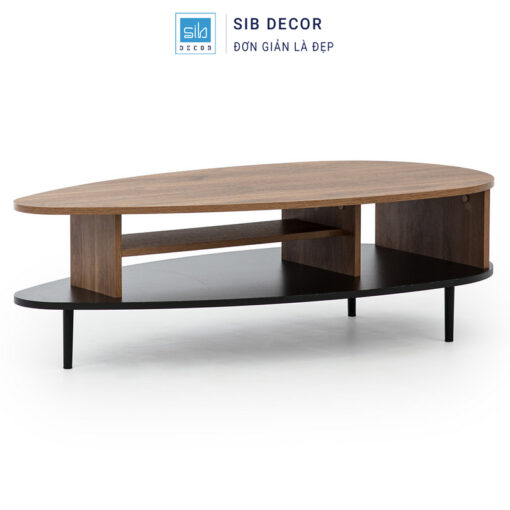 Bàn trà hiện đại dáng oval độc đáo, phối màu vân gỗ và đen sang trọng, phù hợp nhiều không gian