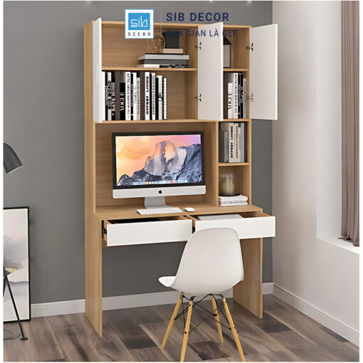 Bàn làm việc kết hợp kệ sách liền tủ quần áo, tạo góc học tập tiện nghi cho phòng ngủ