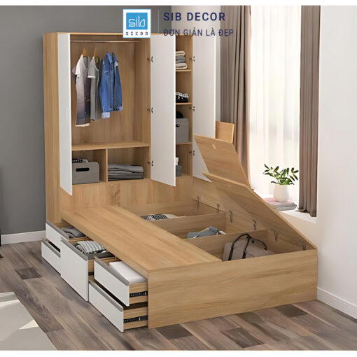 Giường ngủ kết hợp tủ có ngăn kéo và hộc mở dễ dàng cất trữ đồ dùng ngăn nắp