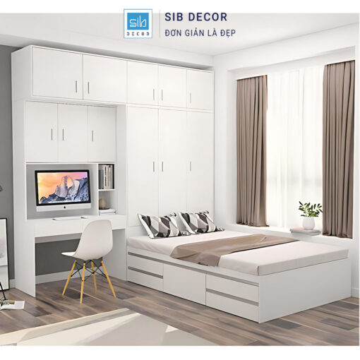 Giường ngủ kết hợp tủ gam trắng tinh tế, thiết kế liền bàn gọn gàng và tối ưu không gian