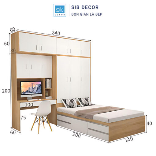 Giường ngủ kết hợp tủ liền bàn làm việc với kích thước chi tiết rõ ràng, dễ dàng lắp đặt