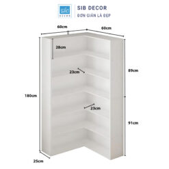 Kệ góc 6 tầng màu trắng với kích thước chi tiết rõ ràng, dễ dàng lựa chọn và lắp đặt