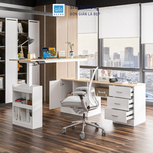Bàn làm việc nâng hạ kết hợp tủ ngăn kéo và kệ mở, phù hợp môi trường làm việc sáng tạo