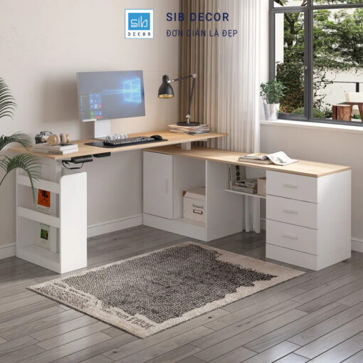 Bàn làm việc nâng hạ bố trí góc L hiện đại, kết hợp kệ mở tiện dụng cho không gian thoáng sáng
