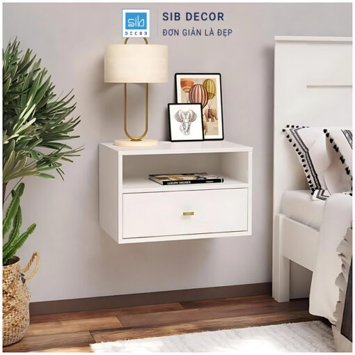 Kệ đầu giường có ngăn kéo thiết kế treo tường tinh tế, tạo điểm nhấn cho phòng ngủ