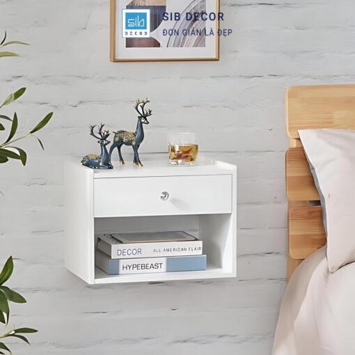 Kệ đầu giường treo tường thiết kế đơn giản, bố trí cạnh giường ngủ tạo cảm giác tinh tế