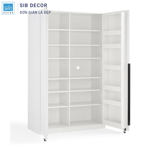 Tủ bếp hiện đại màu trắng trang nhã, bố trí nhiều kệ bên trong đáp ứng nhu cầu lưu trữ đa dạng