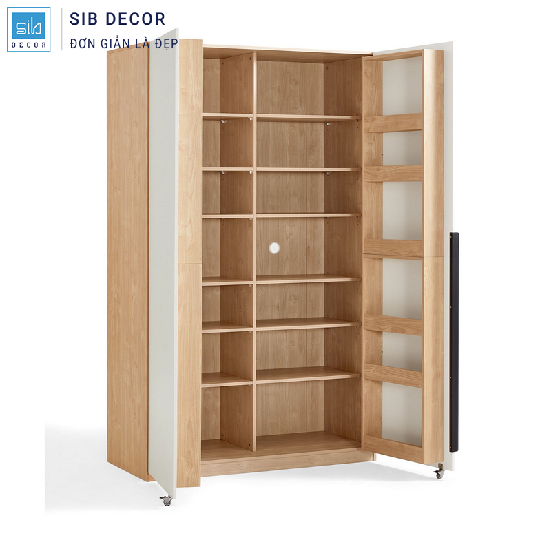 Tủ bếp hiện đại vân gỗ công nghiệp sáng màu, thiết kế mở toàn bộ giúp quan sát và sắp xếp dễ dàng