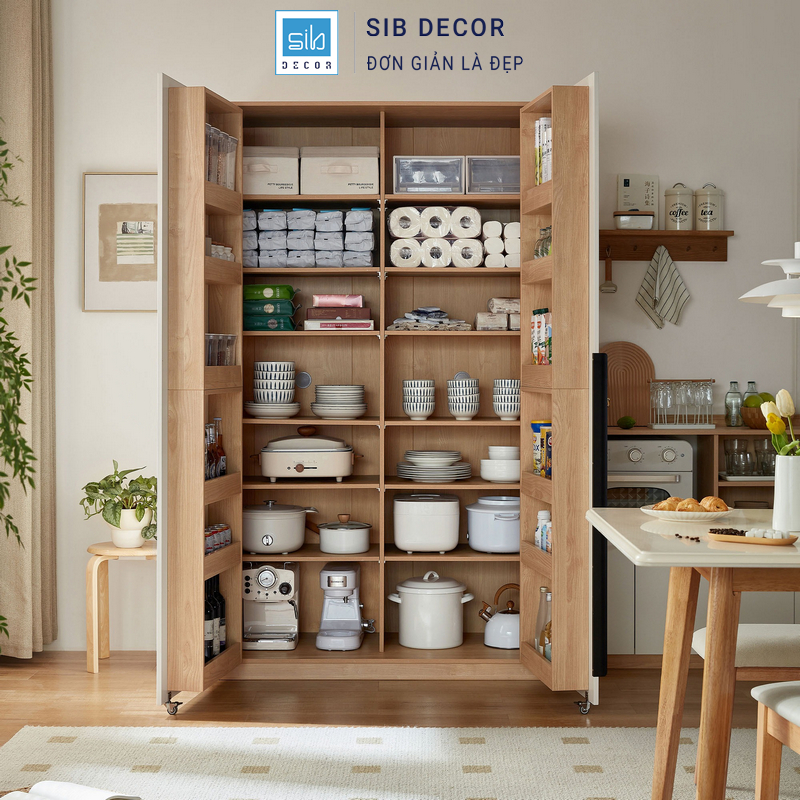 Tủ bếp hiện đại mở toàn bộ cánh, không gian lưu trữ lớn phù hợp gia đình cần sắp xếp đồ bếp ngăn nắp