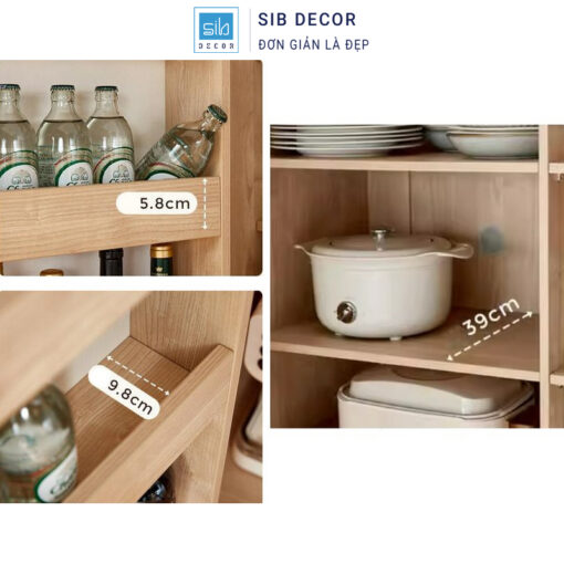 Tủ bếp hiện đại chi tiết kệ cánh trong tiện dụng, khoảng cách ngăn hợp lý giúp sắp xếp chai lọ gọn gàng