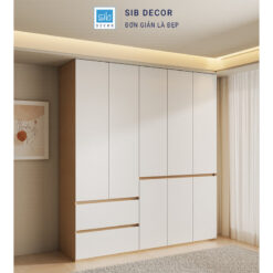 Tủ quần áo hiện đại phối trắng và vân gỗ sáng, thiết kế tối giản phù hợp phòng ngủ trẻ trung
