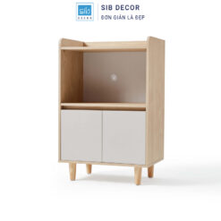 Tủ trang trí phòng khách gam sáng thanh lịch, thiết kế chân cao giúp không gian thông thoáng