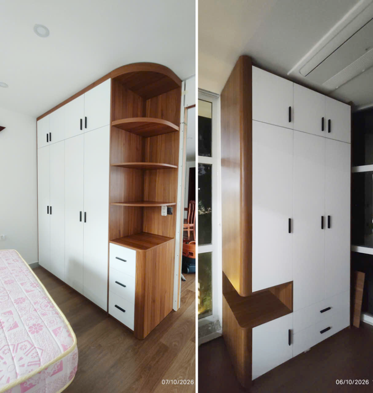 Tủ quần áo cánh mở với các cạnh uốn cong R50 (công trình Tân Bình 10/2026)